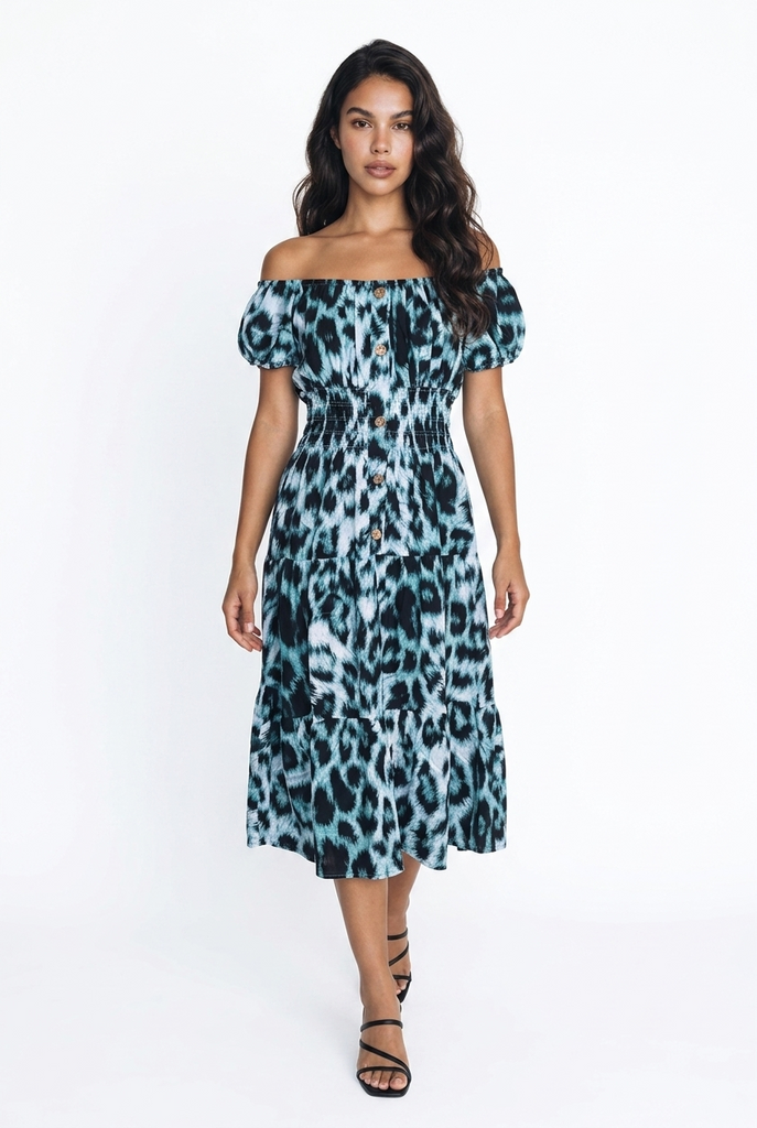 Eloise Blurred Animal Print Bardot Dress