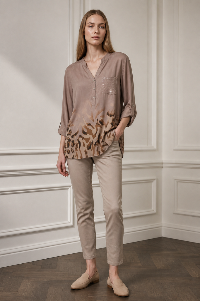 Tully Leopard Hem Notch Neck Shirt