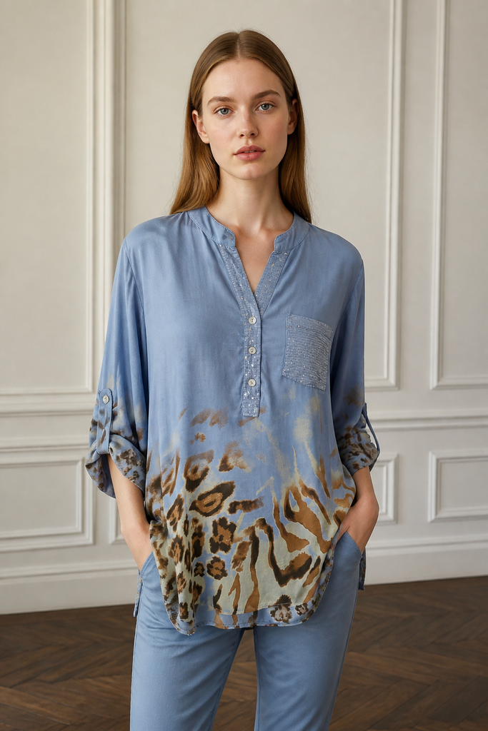 Tully Leopard Hem Notch Neck Shirt