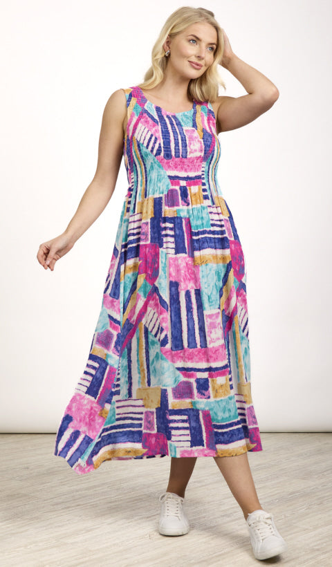 Brianna Colourful Abstract Shirred Dress