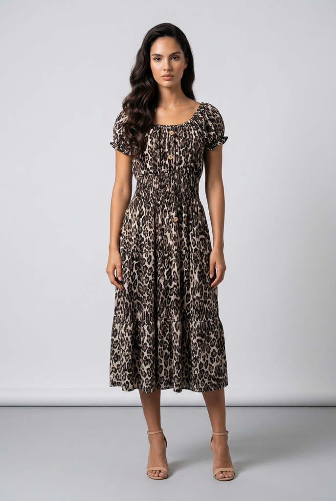 Eloise Leopard Print Bardot Dress