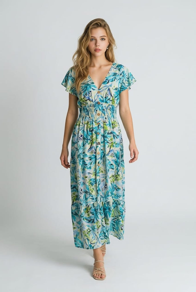 Eloise V-Neck Leaf Print Maxi