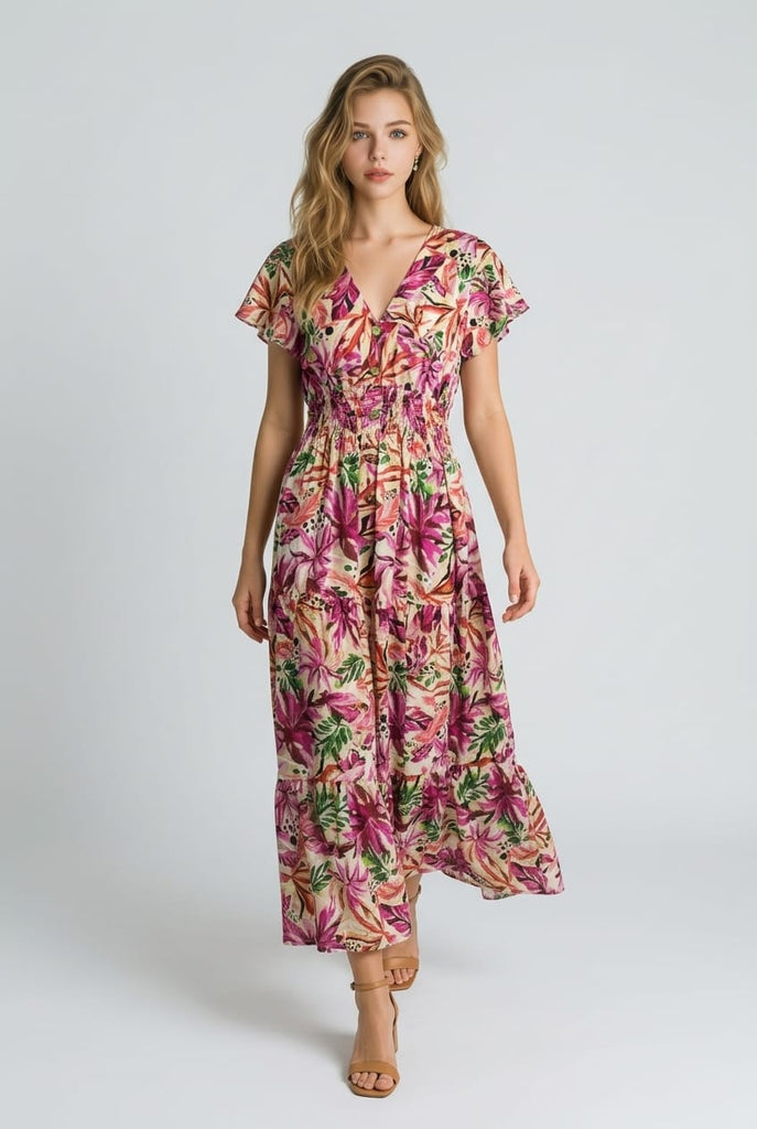 Eloise V-Neck Leaf Print Maxi