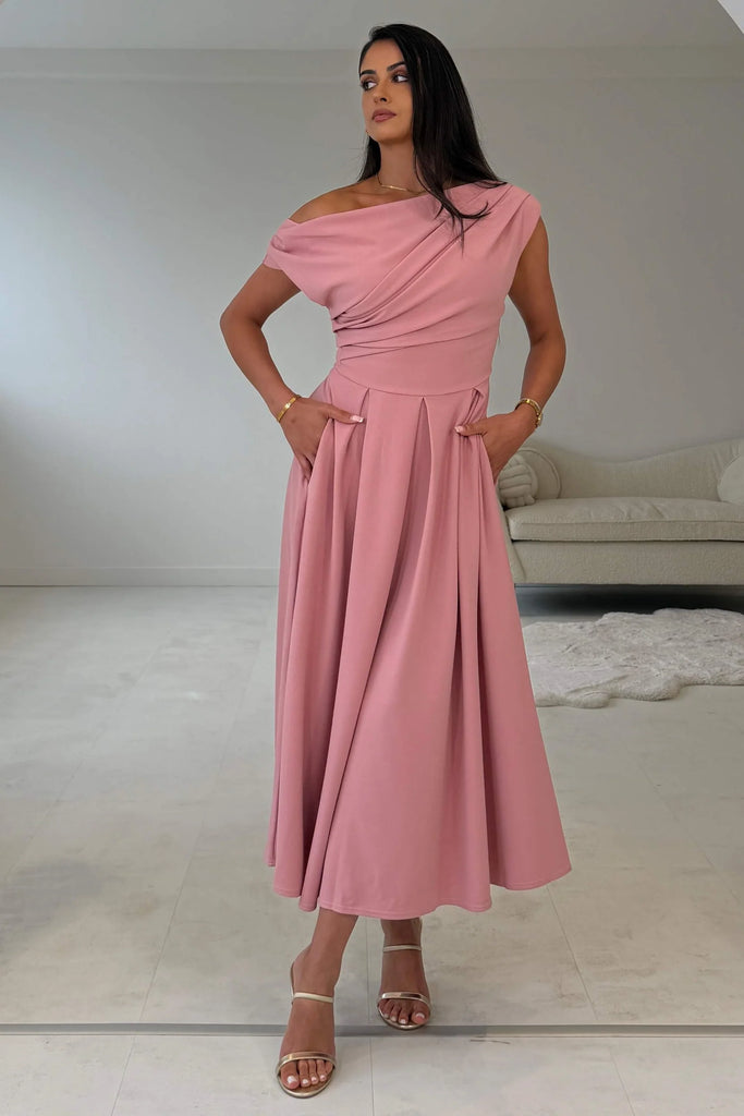 Dollie Asymmetric Neckline Midi Dress