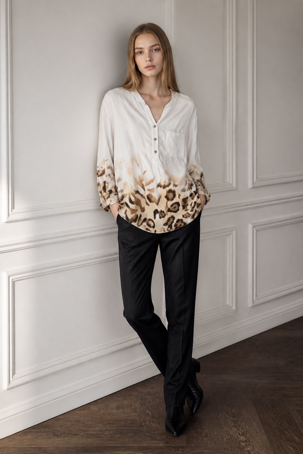 Tully Leopard Hem Notch Neck Shirt