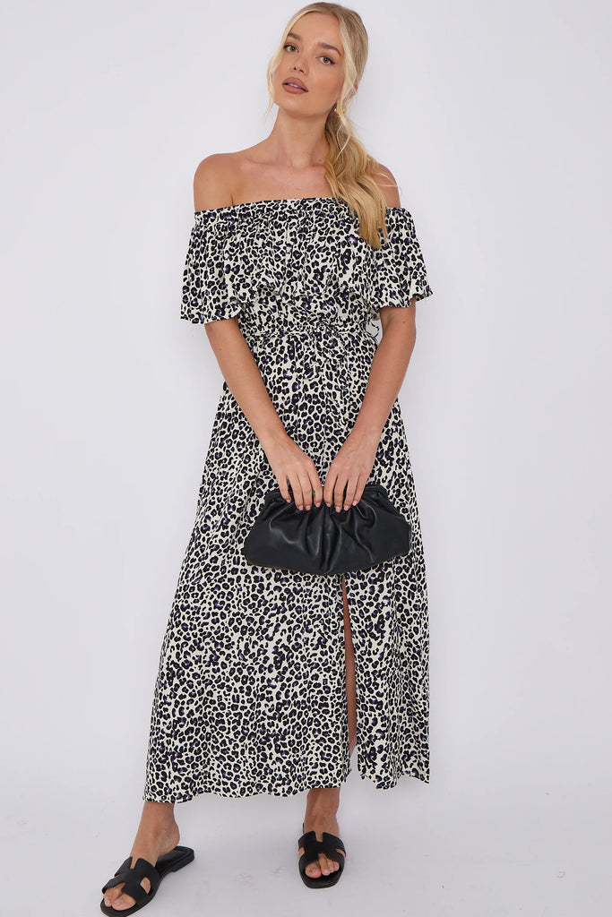 Reagan Leopard Print Bardot Maxi Dress