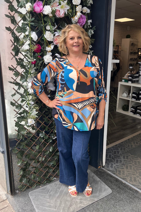 Lou Zip Detail Abstract Print Top