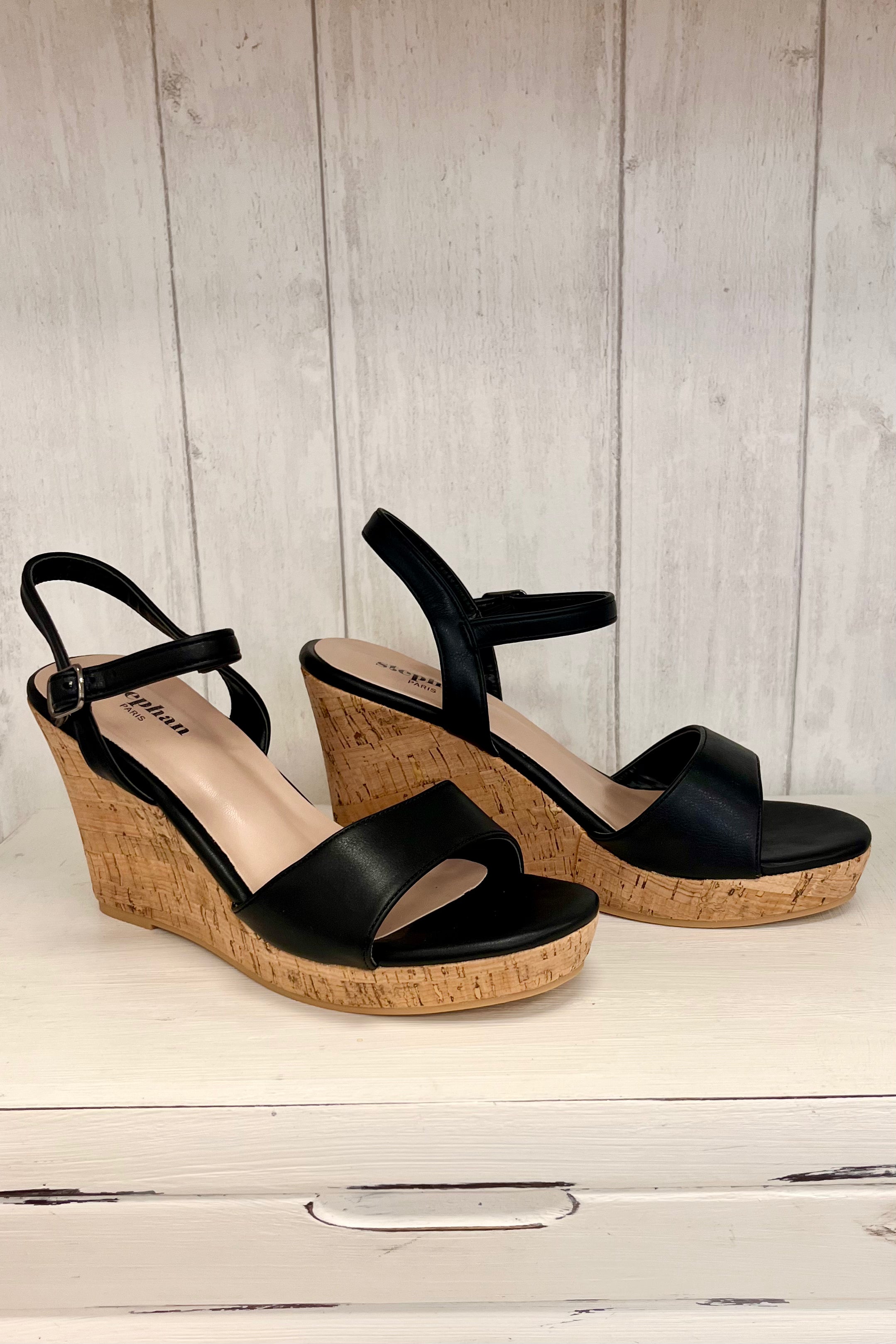 Black leather wedges open toe clearance