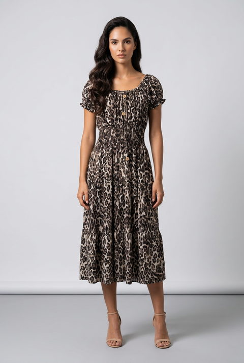 Eloise Leopard Print Bardot Dress