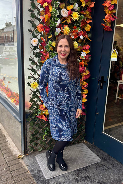 Rhona Leaf Print Cowl Neck Dress