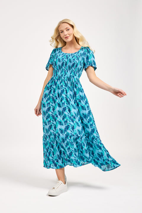 Melody Shirred Feather Print Dress