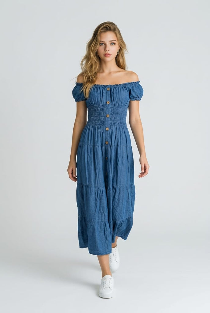 Emma Denim Maxi Bardot Dress
