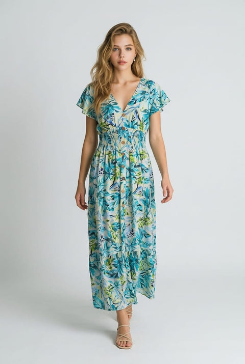 Eloise V-Neck Leaf Print Maxi