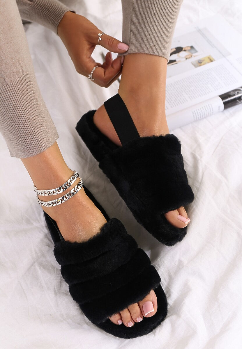 Black fluffy slider online slippers