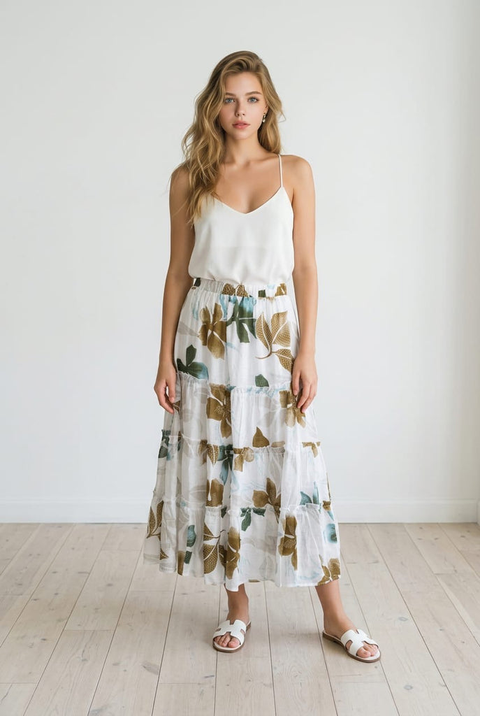 Esme Leaf Print Midi Skirt